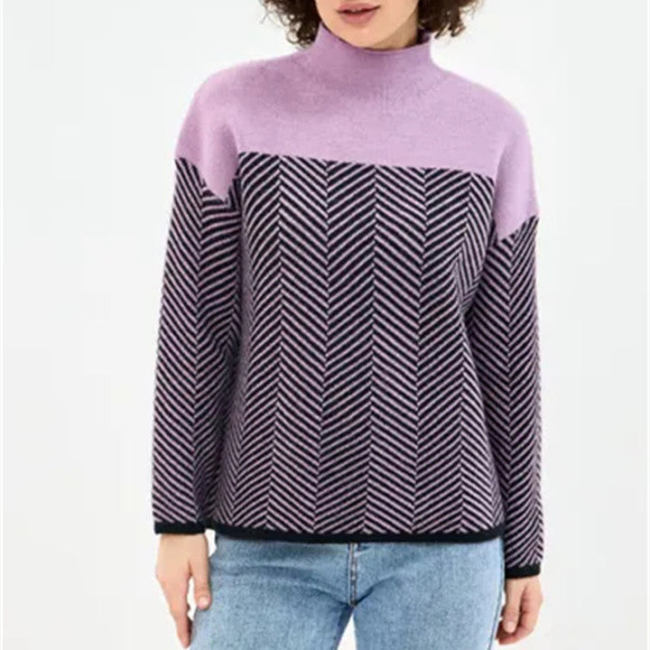 Women's Chevron Knit Jumper with High Neck Relaxed Fit