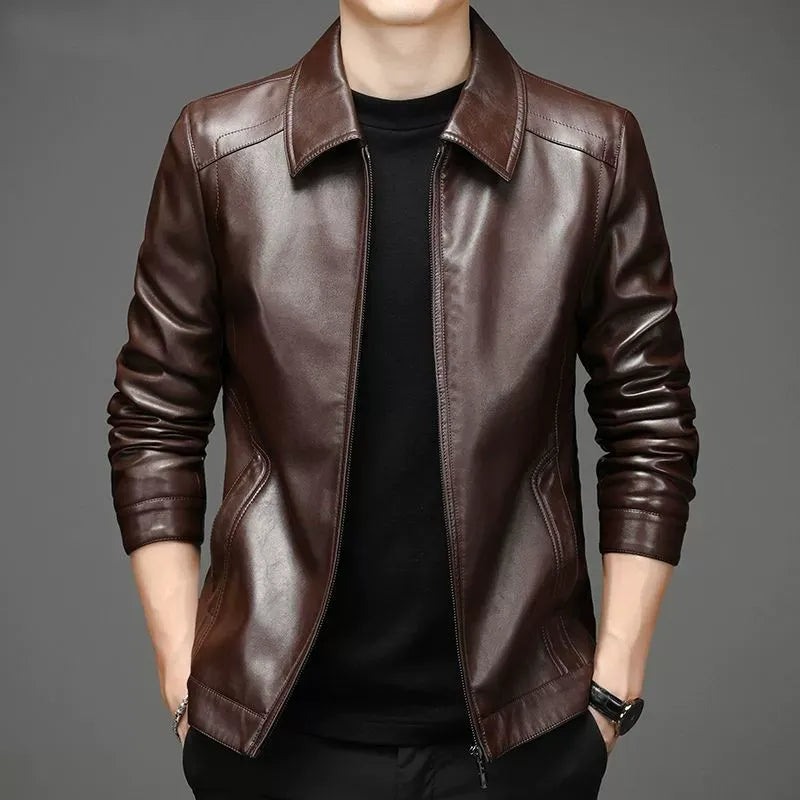 Men's Leather Jacket with Point Collar