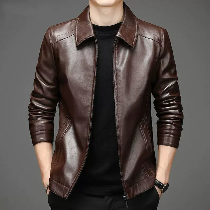 Men's Leather Jacket with Point Collar