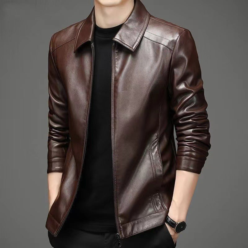Men's Leather Jacket with Point Collar