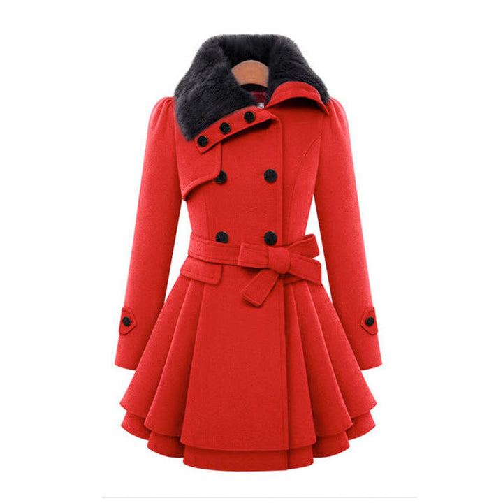Women's Wool Coat with Faux Fur Collar and Belted Waist