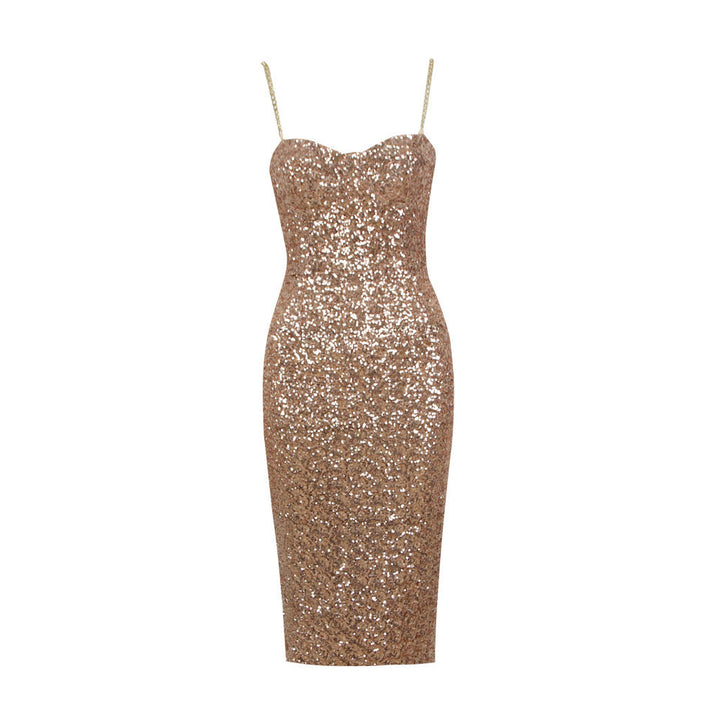 Women's Sequin Bodycon Midi Party Dress with Chain Straps