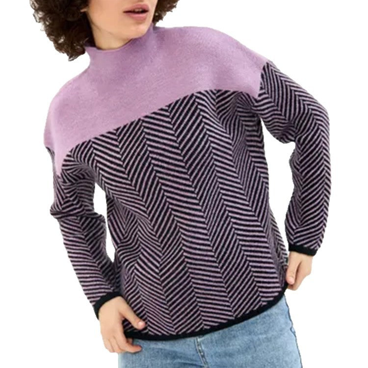 Women's Chevron Knit Jumper with High Neck Relaxed Fit
