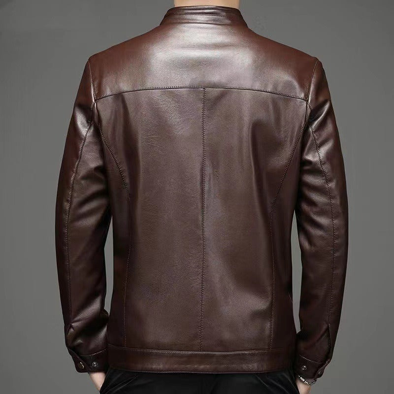 Men's Leather Jacket with Point Collar