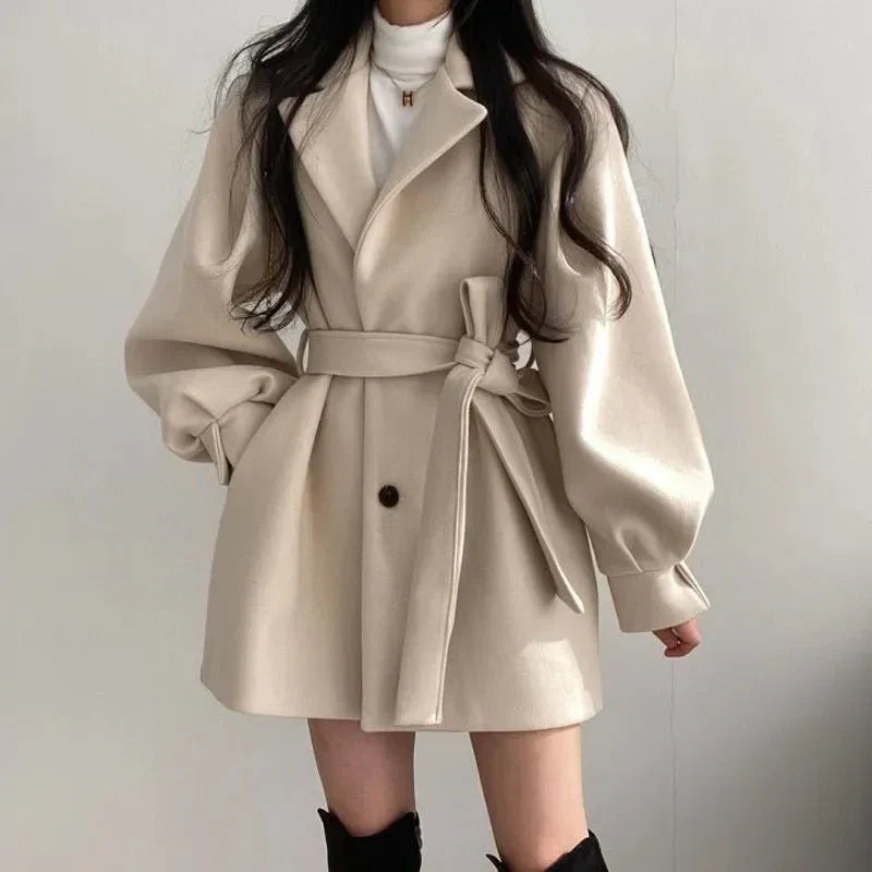 Women's Belted Short Coat with Wide Lapel Collar