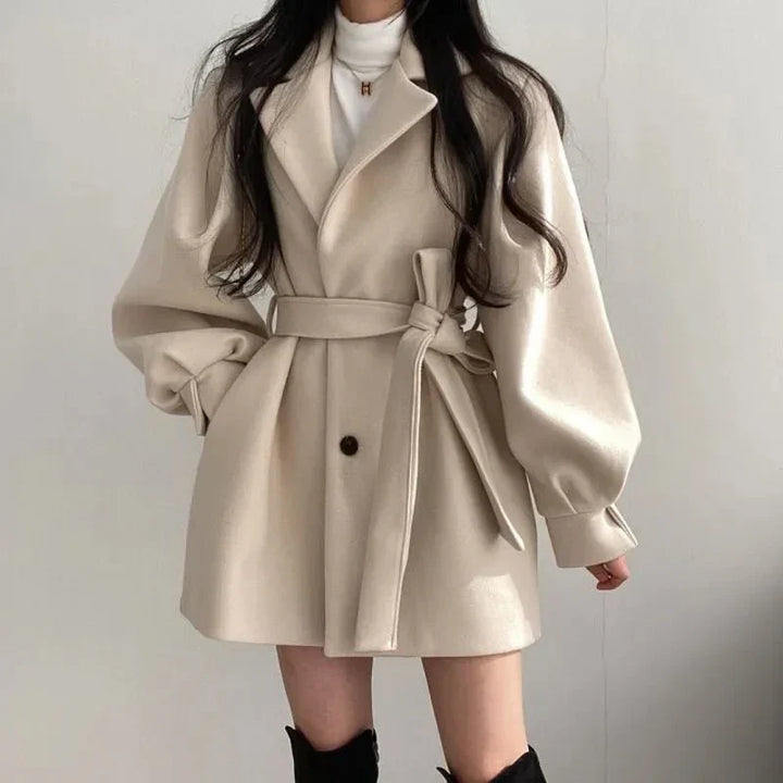 Women's Belted Short Coat with Wide Lapel Collar