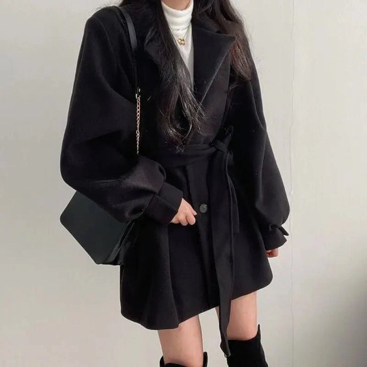 Women's Belted Short Coat with Wide Lapel Collar