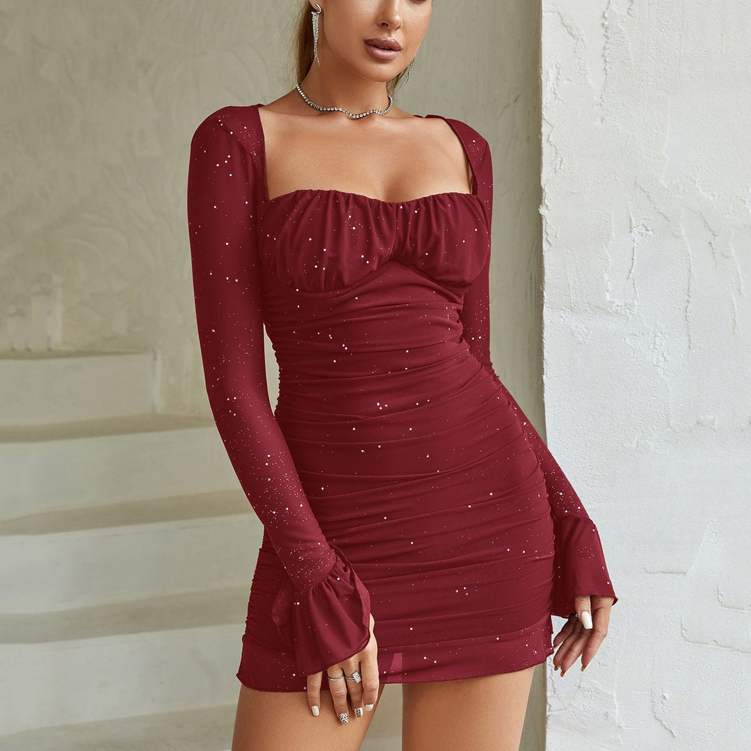 Women's Glitter Mesh Long Sleeve Party Dress