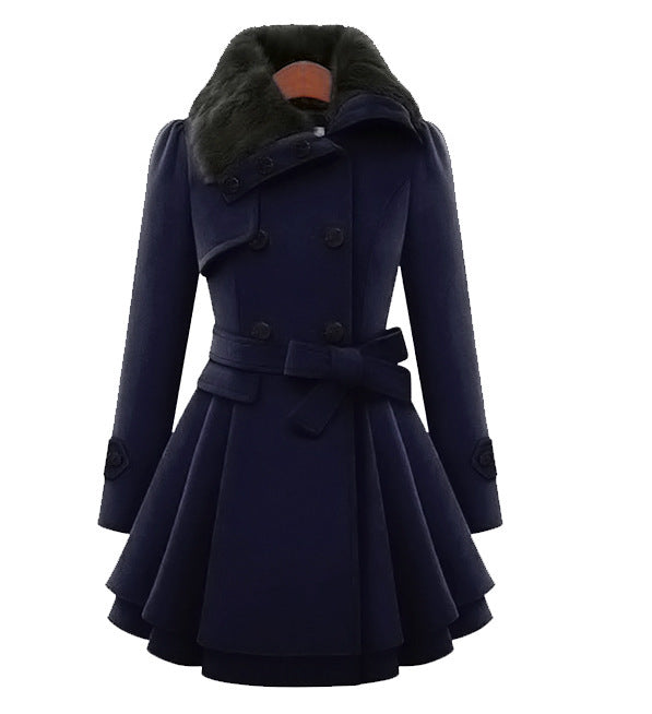 Women's Wool Coat with Faux Fur Collar and Belted Waist