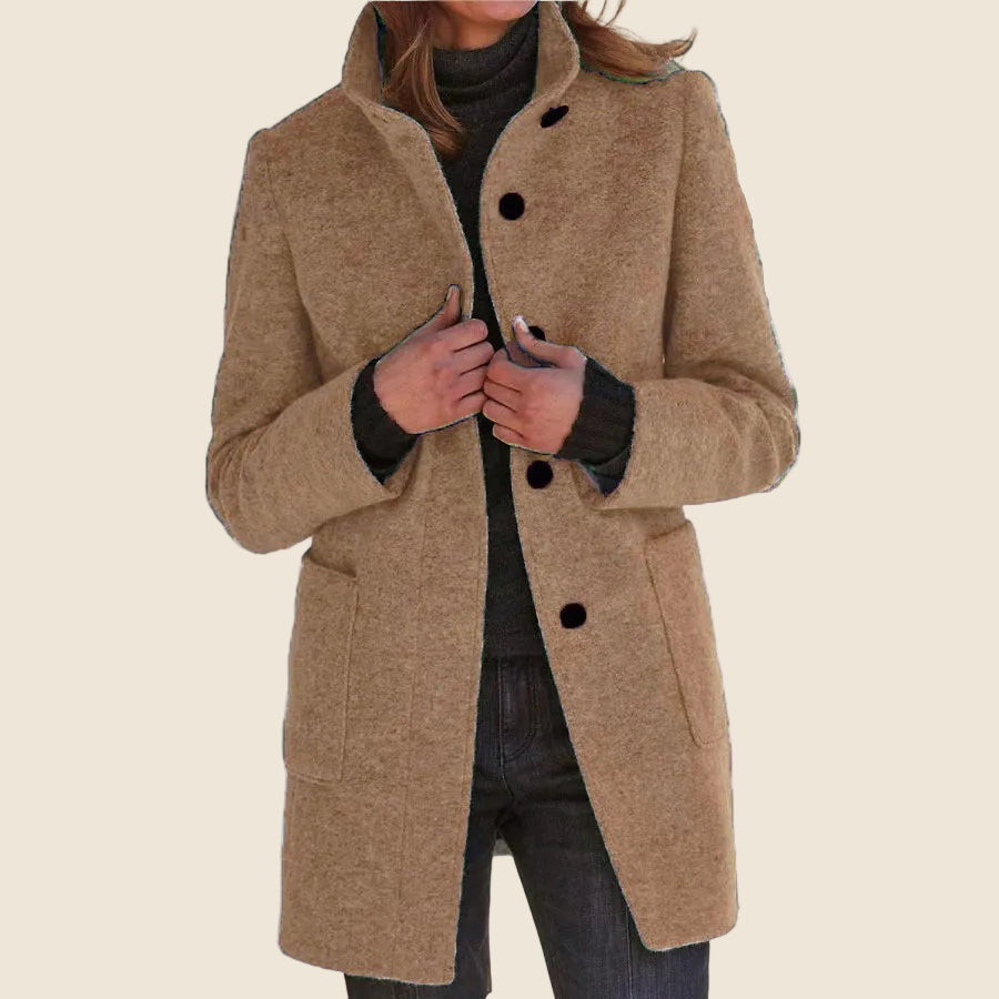 Women's Stand Collar Knee-Length Coat with Patch Pockets