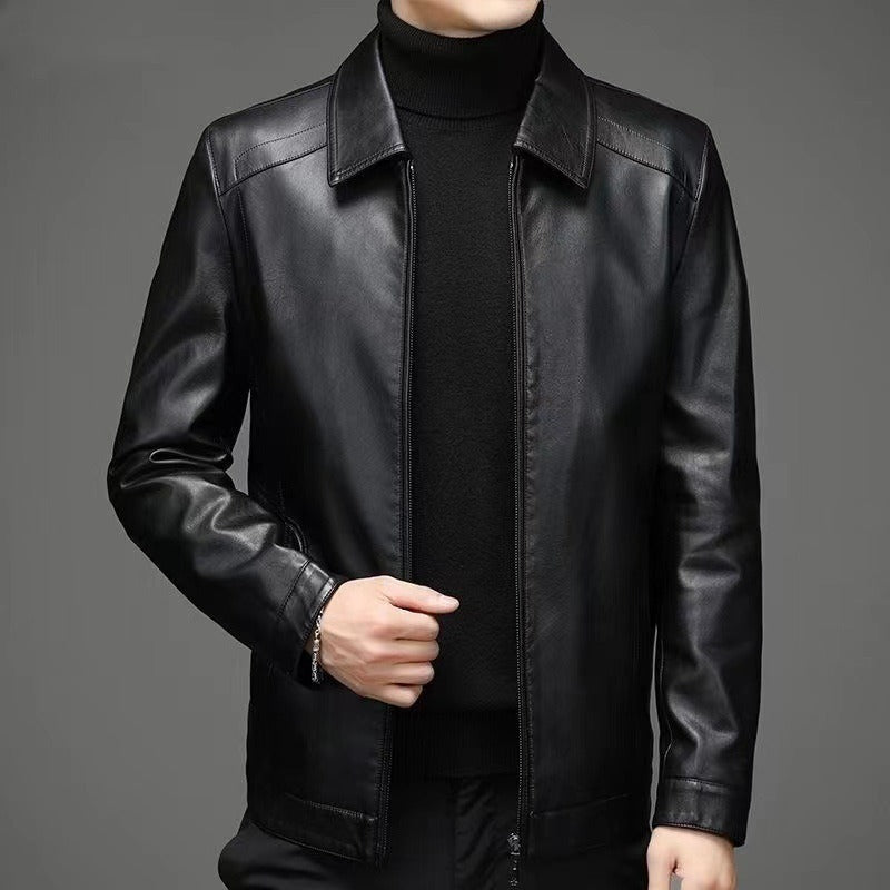 Men's Leather Jacket with Point Collar