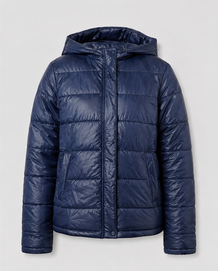 Women's Glossy Puffer Jacket with Padded Hood