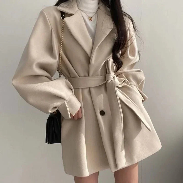 Women's Belted Short Coat with Wide Lapel Collar