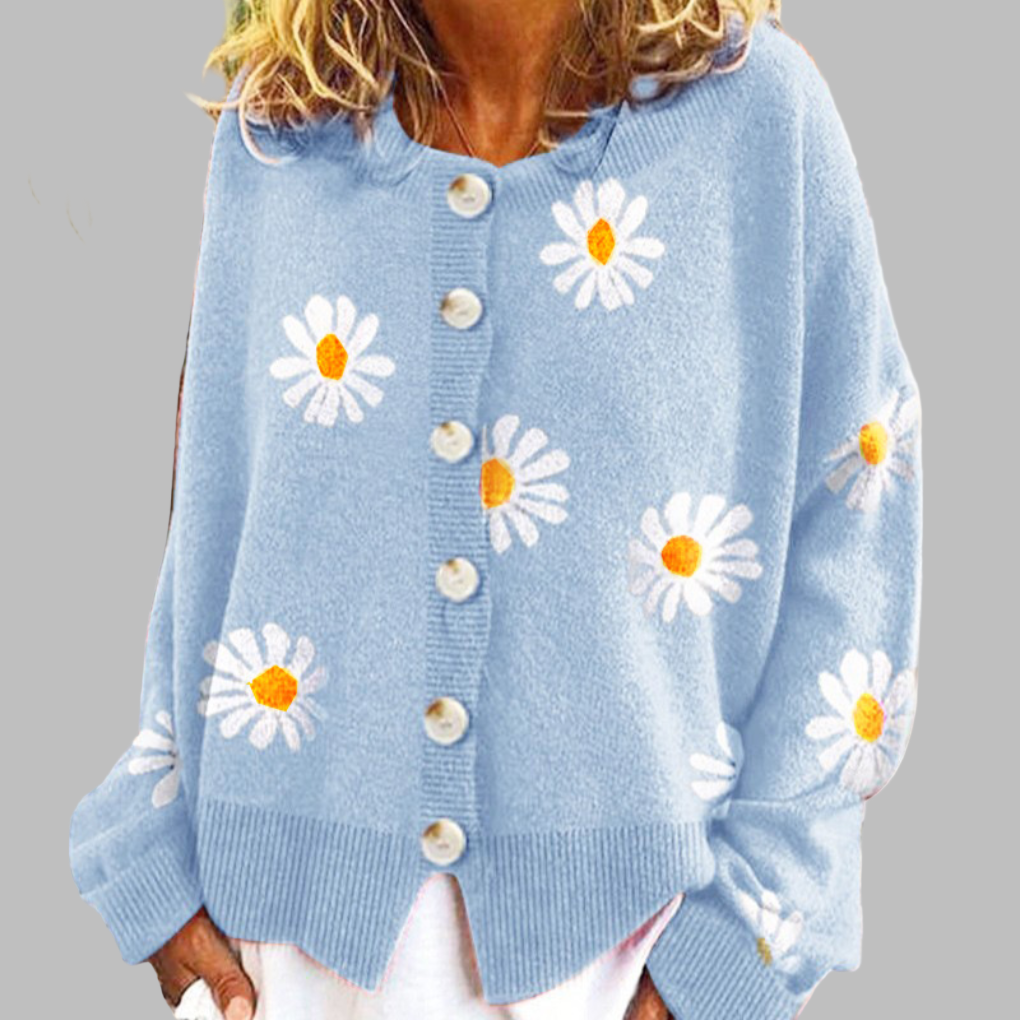 Gilet boutonné pour femme avec broderie de marguerites et ourlet côtelé