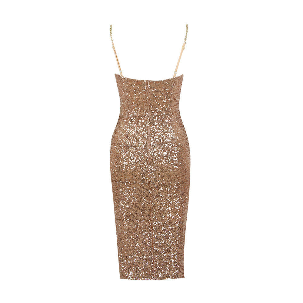 Women's Sequin Bodycon Midi Party Dress with Chain Straps