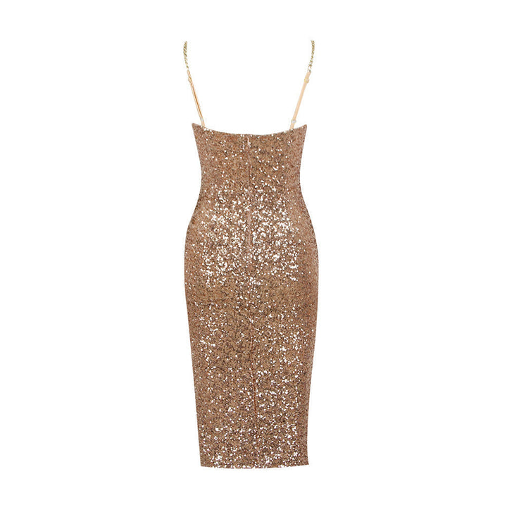 Women's Sequin Bodycon Midi Party Dress with Chain Straps