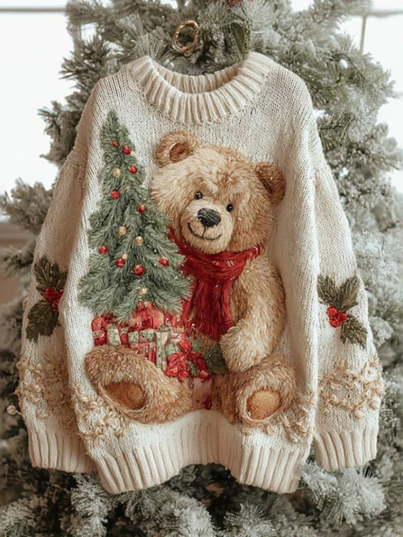 Women's Crew Neck Christmas Jumper with Teddy Bear Design