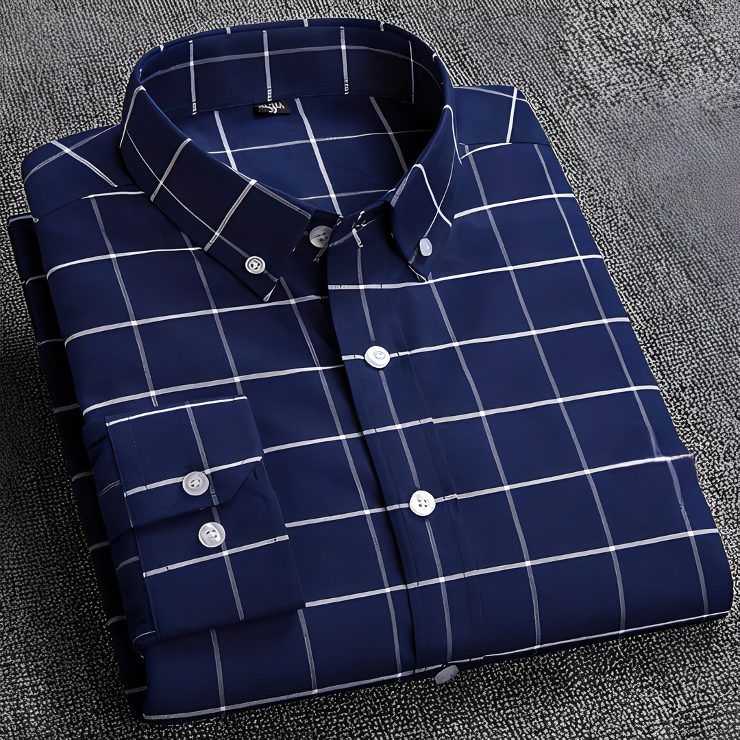 Men's Checkered Long Sleeve Shirt with Button Collar