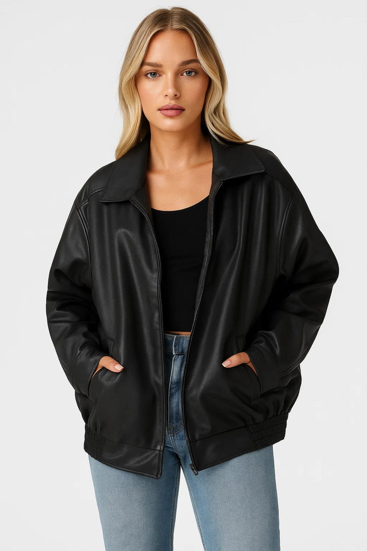 Blouson aviateur oversize en cuir pour femme