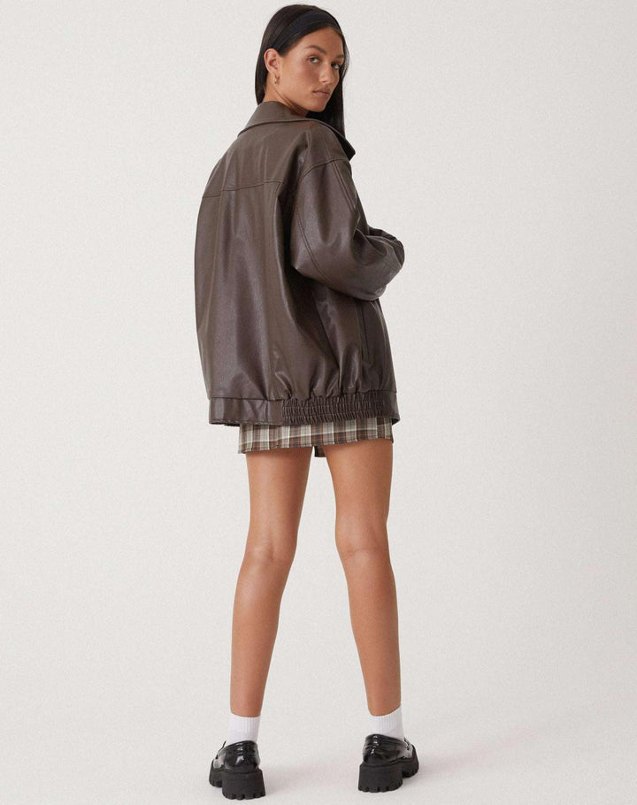 Blouson bomber oversize en cuir pour femme, avec fermeture à glissière sur le devant
