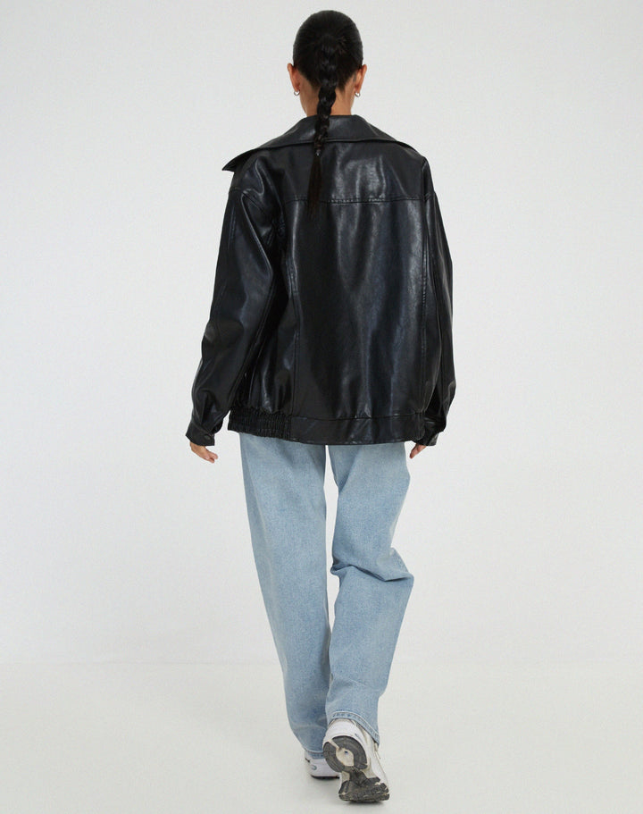 Blouson bomber oversize en cuir pour femme, avec fermeture à glissière sur le devant