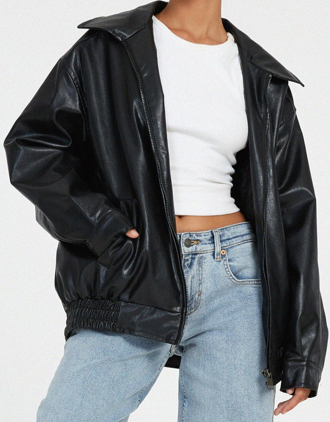 Blouson bomber oversize en cuir pour femme, avec fermeture à glissière sur le devant