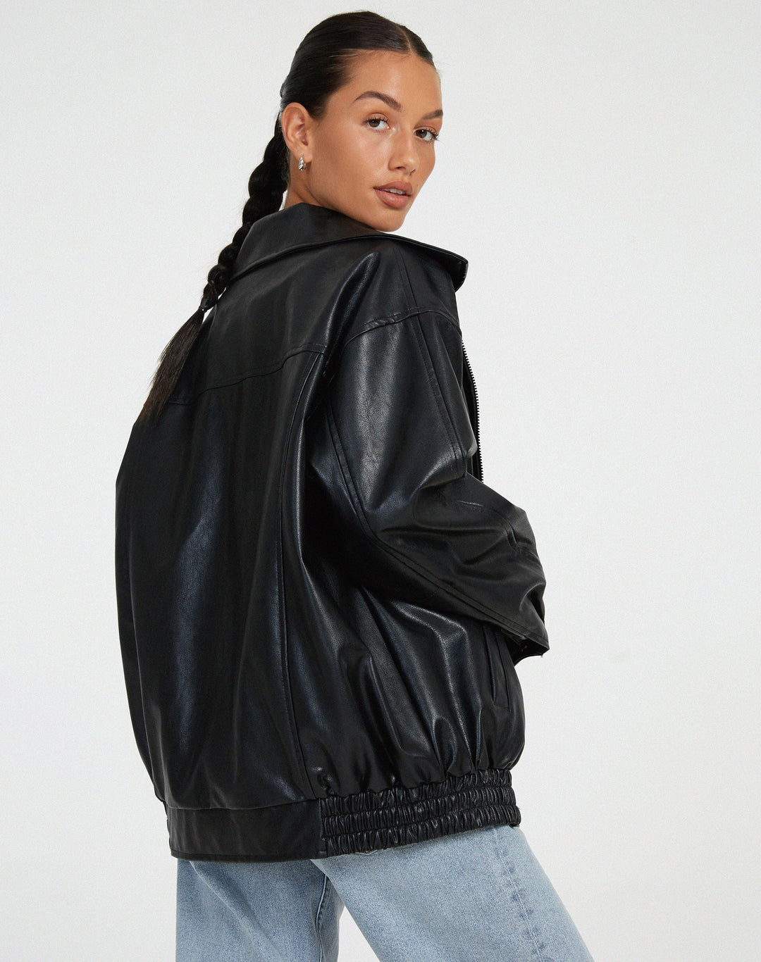 Blouson bomber oversize en cuir pour femme, avec fermeture à glissière sur le devant