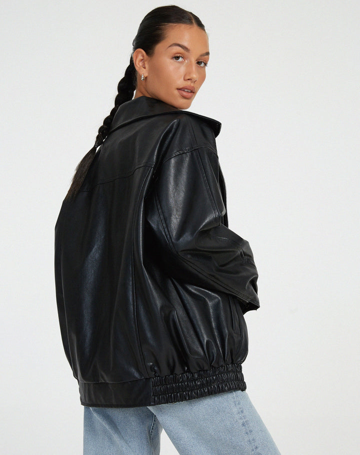 Blouson bomber oversize en cuir pour femme, avec fermeture à glissière sur le devant