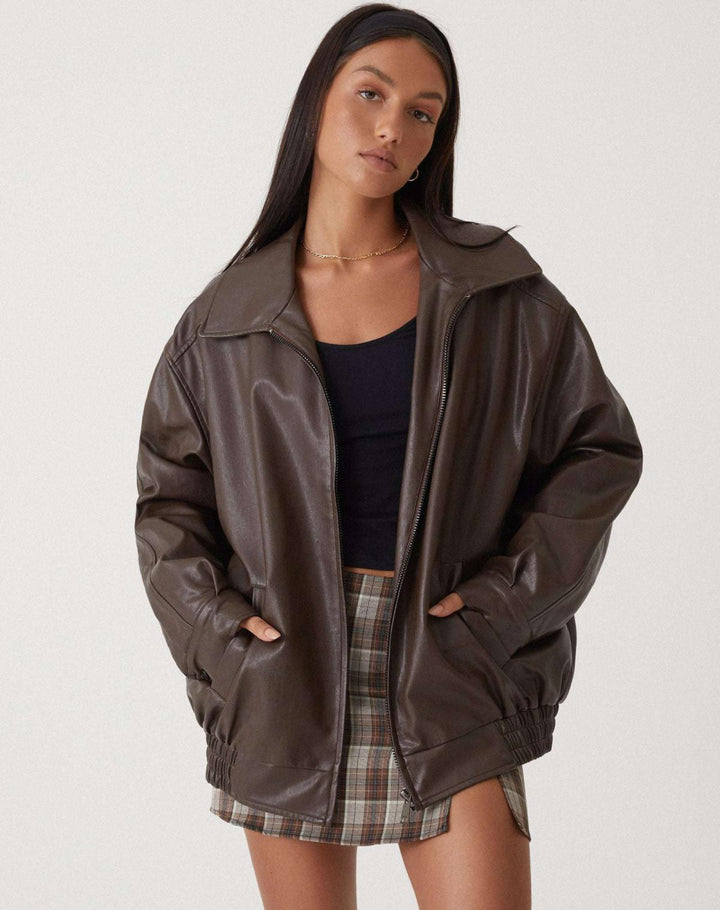 Blouson bomber oversize en cuir pour femme, avec fermeture à glissière sur le devant