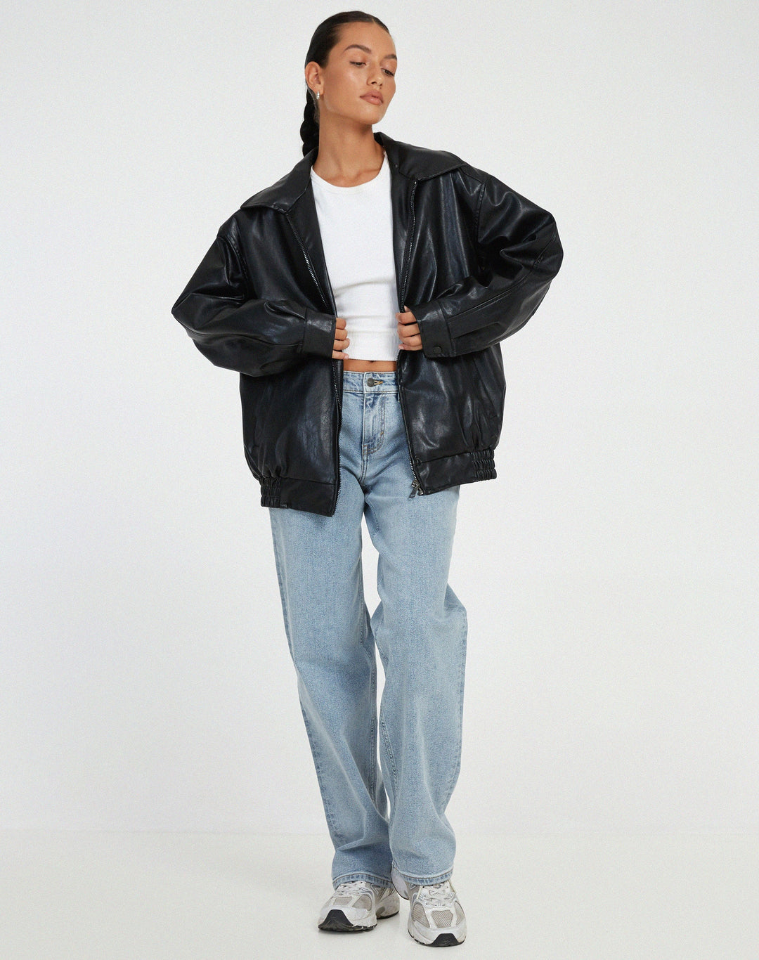Blouson bomber oversize en cuir pour femme, avec fermeture à glissière sur le devant