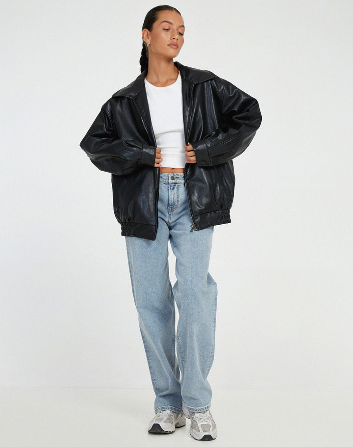 Blouson bomber oversize en cuir pour femme, avec fermeture à glissière sur le devant