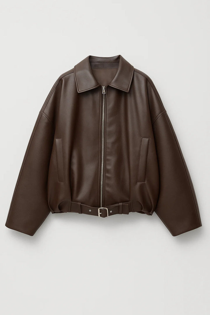 Veste courte en cuir pour femme, avec bas ceinturé