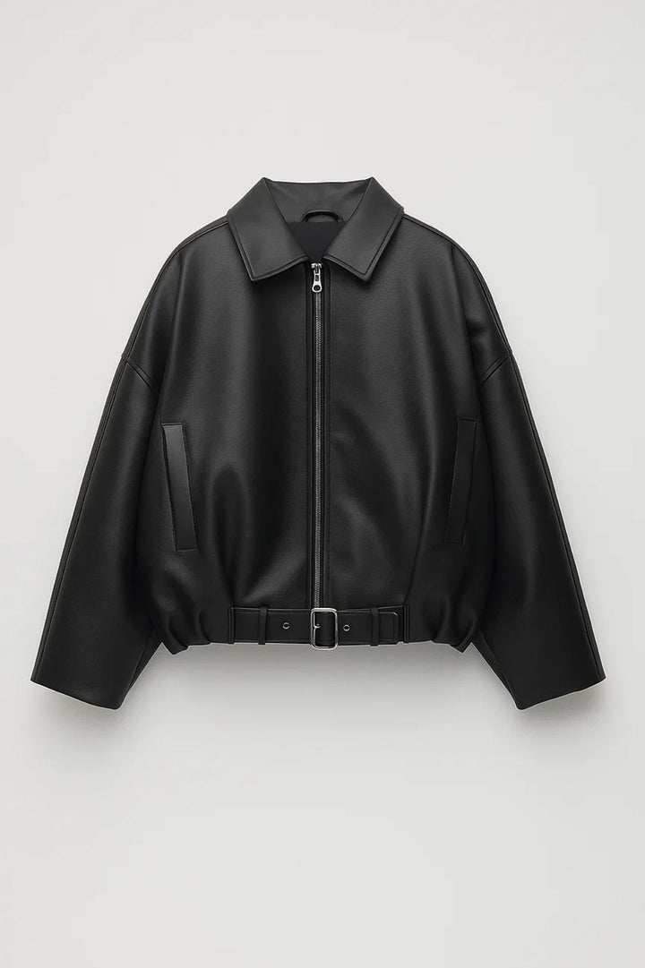 Veste courte en cuir pour femme, avec bas ceinturé