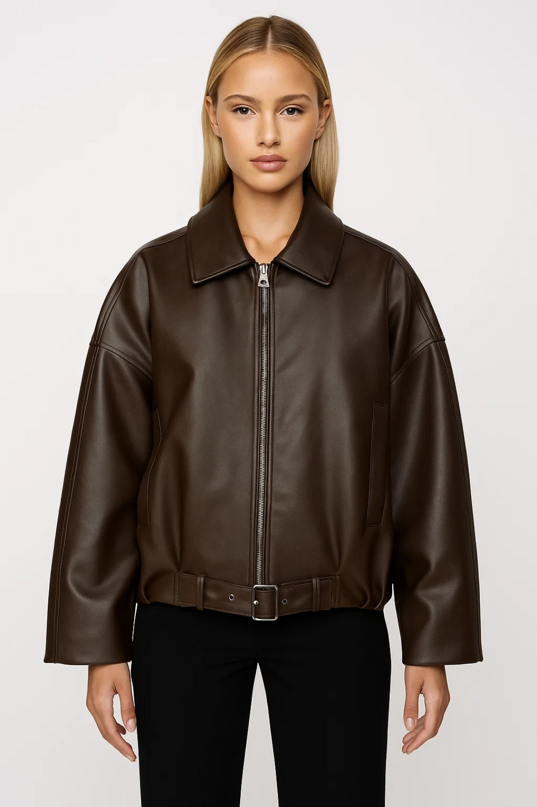 Veste courte en cuir pour femme, avec bas ceinturé