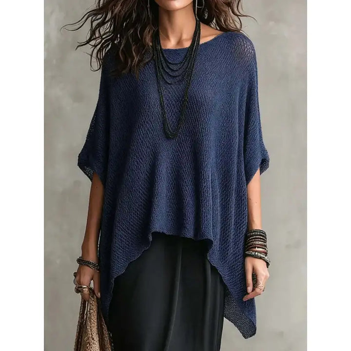 Women's Open-Knit Poncho Top with Asymmetric Hem