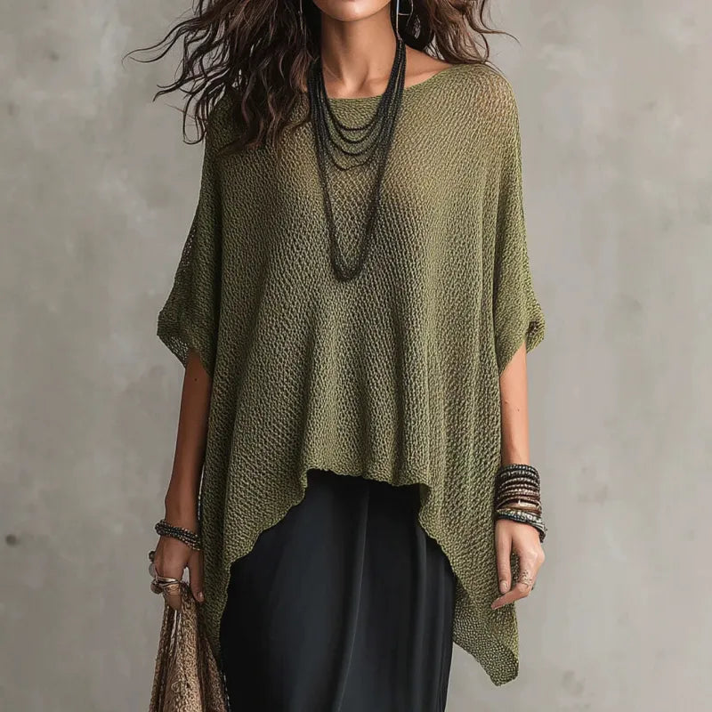 Women's Open-Knit Poncho Top with Asymmetric Hem