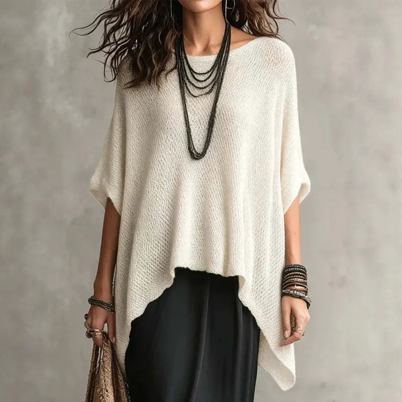 Women's Open-Knit Poncho Top with Asymmetric Hem