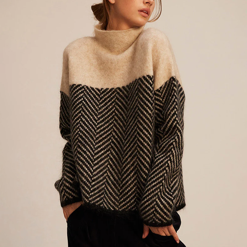 Women's Herringbone Roll Neck Jumper in Oversized Fit