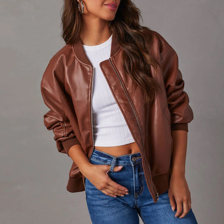 Women's Leather Bomber Jacket in Oversized Fit