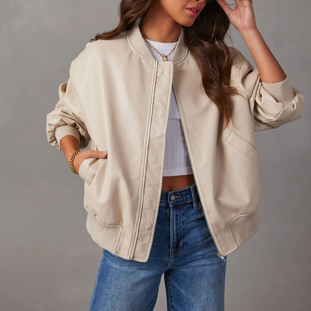 Women's Leather Bomber Jacket in Oversized Fit