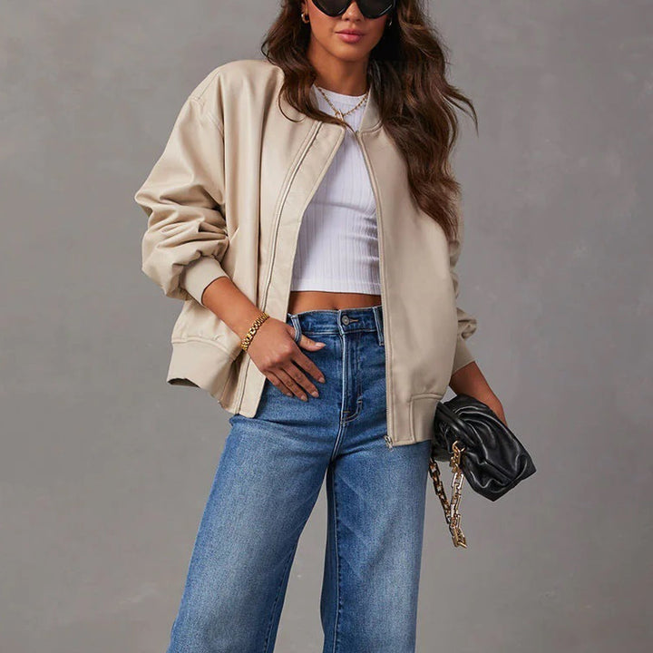 Women's Leather Bomber Jacket in Oversized Fit