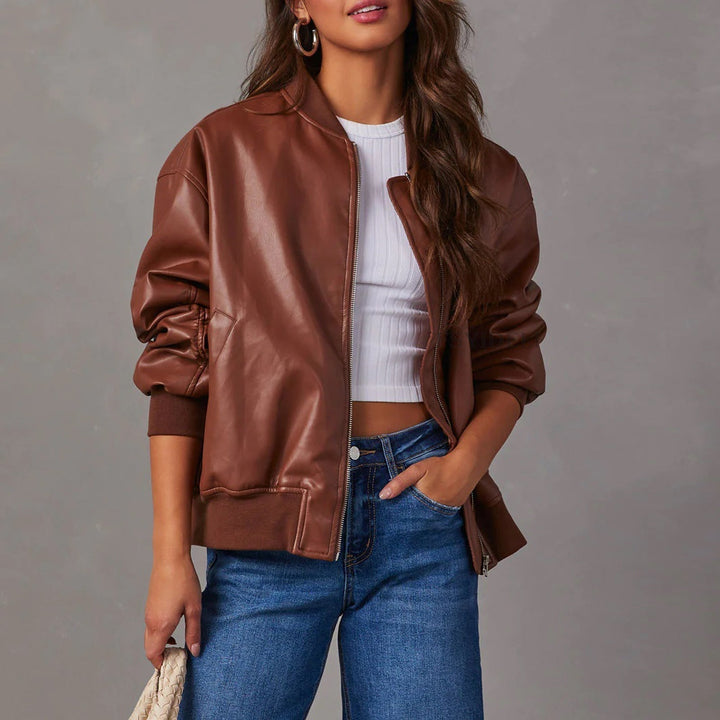 Women's Leather Bomber Jacket in Oversized Fit