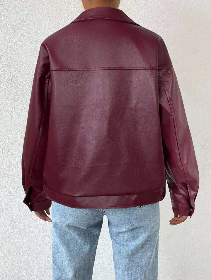 Women's Leather Oversized Jacket with Drop Shoulder