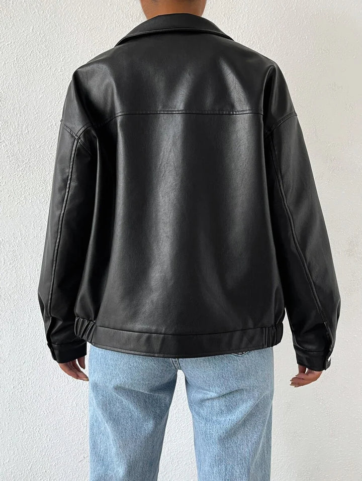 Women's Leather Oversized Jacket with Drop Shoulder