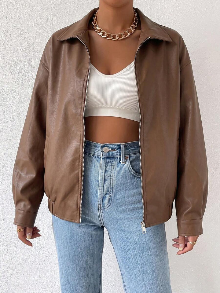 Women's Leather Oversized Jacket with Drop Shoulder