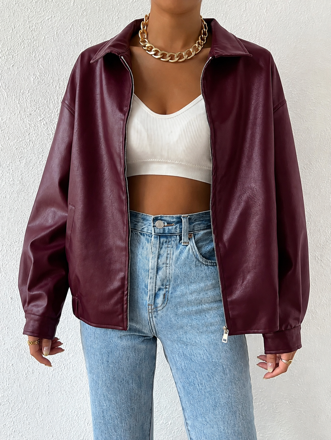 Women's Leather Oversized Jacket with Drop Shoulder