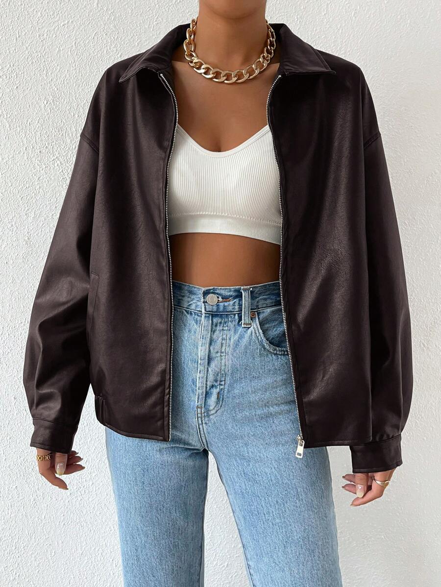 Women's Leather Oversized Jacket with Drop Shoulder