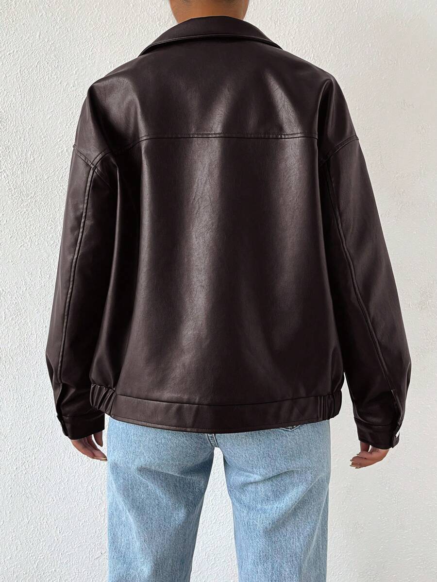 Women's Leather Oversized Jacket with Drop Shoulder