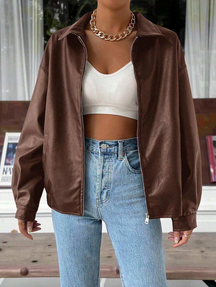 Women's Leather Oversized Jacket with Drop Shoulder