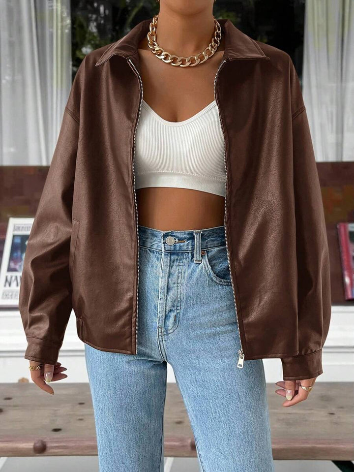 Women's Leather Oversized Jacket with Drop Shoulder